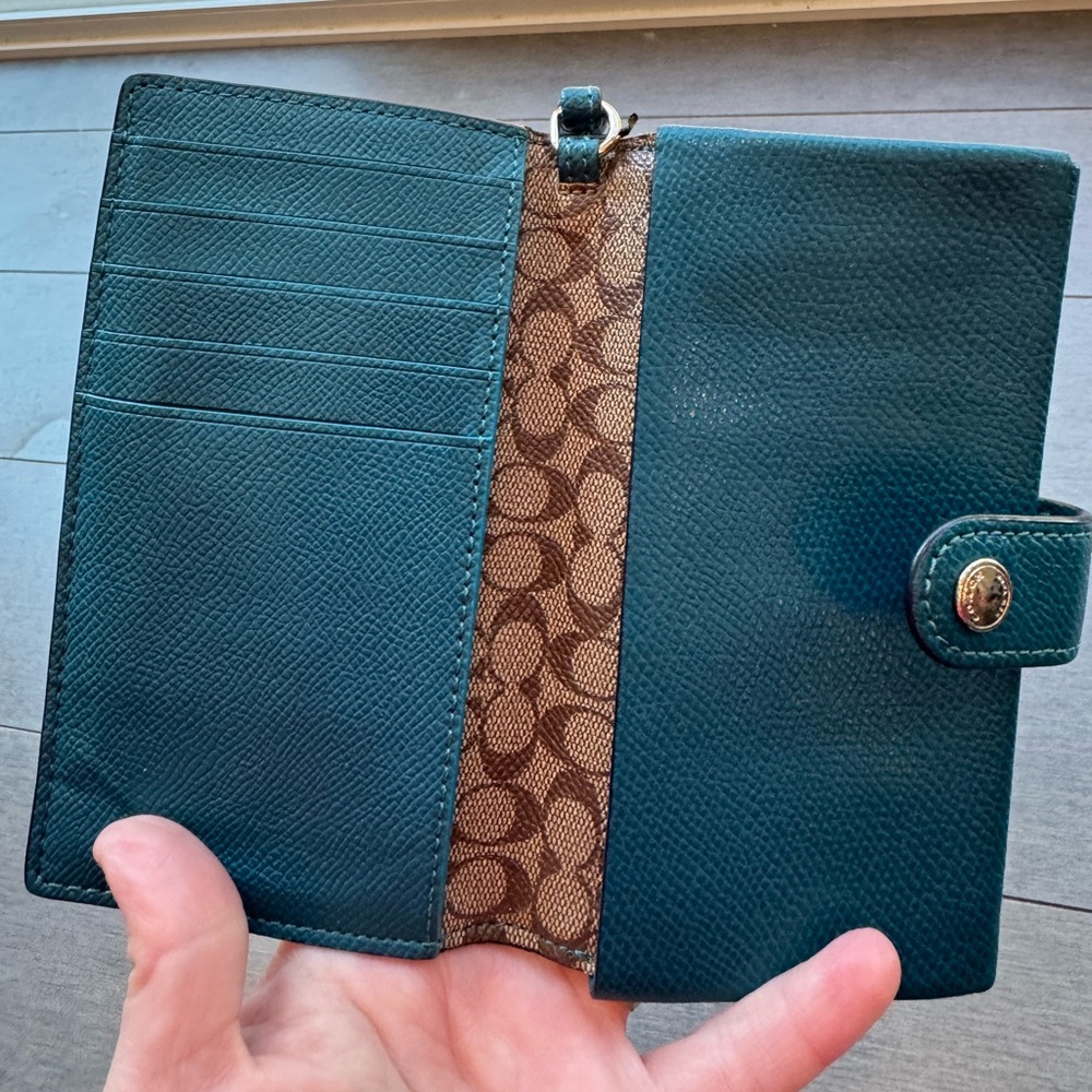 Coach Teal Pebble Leather Wallet with Snap Closure and Wristlet Strap